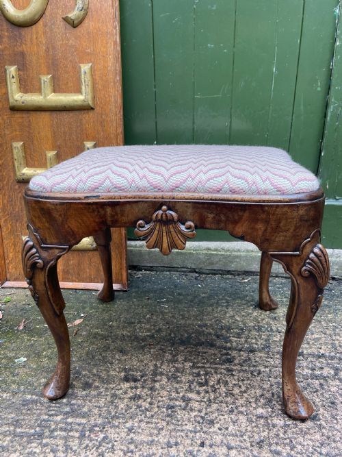 Early C20th Queen Anne Period Revival Carved Walnut Stool on Cabriole Legs .