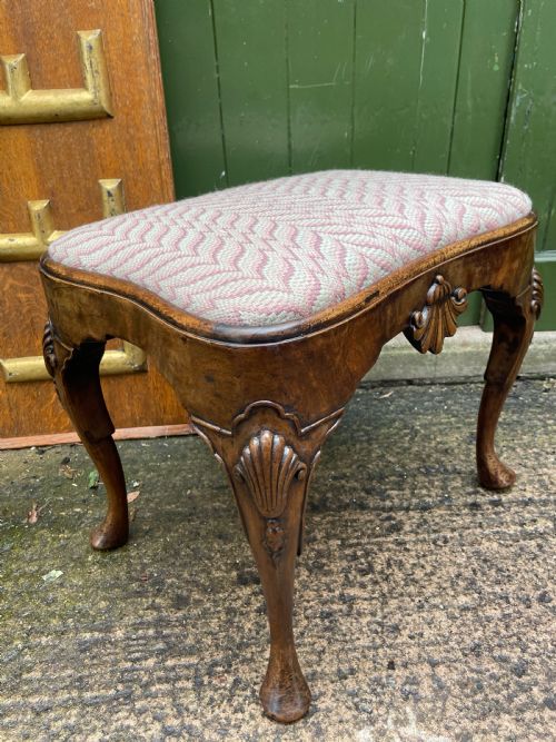 fig 1. Early C20th Queen Anne period revival carved walnut stool on cabriole legs .