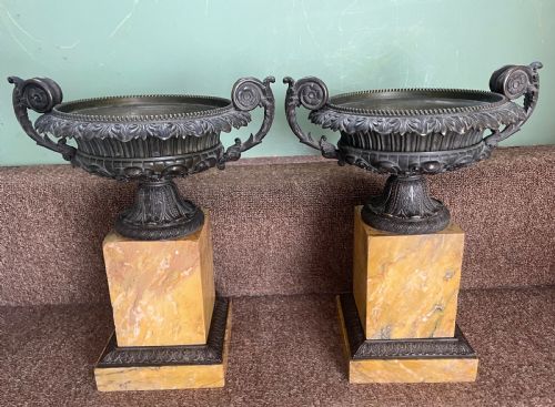 Larger Scale Pair of Early C19th French Charles X Period Bronze Tazzas on Siena Marble Plinth Bases .