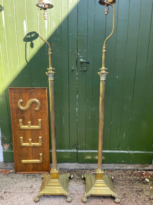 Scarce Pair of High Quality Late C19th/ Early C20th Brass Neo-classical Style Corinthian Column Telescopic Standard Lamps.