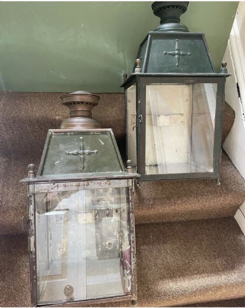 Matched Pair of Late C19th French Tole-peinte ,Copper and Brass Coach or Wall Lamps.