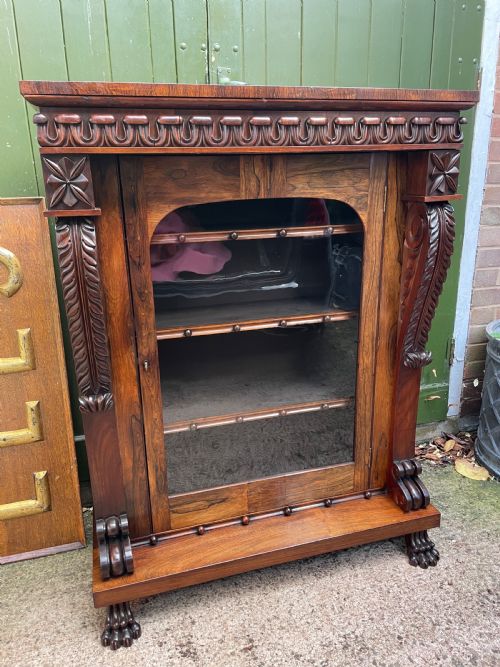 Early C19th George IV Period Carved Rosewood Glazed Bookcase or Pier Cabinet of Bold Design .