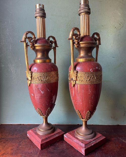 PAIR OF C19TH FRENCH ORMOLUMOUNTED ROUGE MARBLE LAMPS - ADDITIONAL PHOTO 5