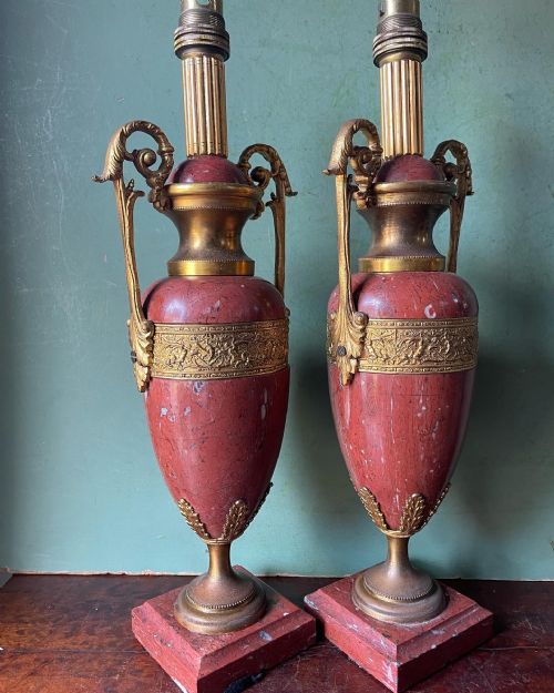PAIR OF C19TH FRENCH ORMOLUMOUNTED ROUGE MARBLE LAMPS - ADDITIONAL PHOTO 9