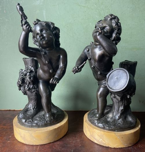 Pair of Early C19th French Bronze Allegorical Sculptures of Cherubs , Emblematic of Music and Comedy After Clodion.
