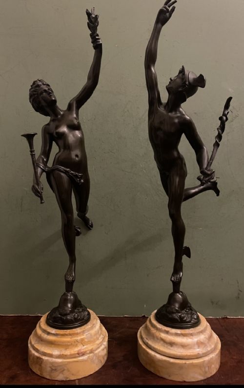 Pair of Finely Cast C19th ‘Grand Tour’ Souvenir Classical Bronze Statuettes of “Mercury” and “Fortuna” , After Giambologna.