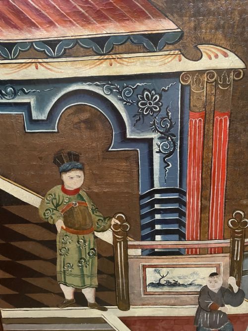 C18TH MAHOGANY POLESCREEN MOUNTED WITH A RECTANGULAR CHINESE PAINTED OIL ON CANVAS PANEL - ADDITIONAL PHOTO 3