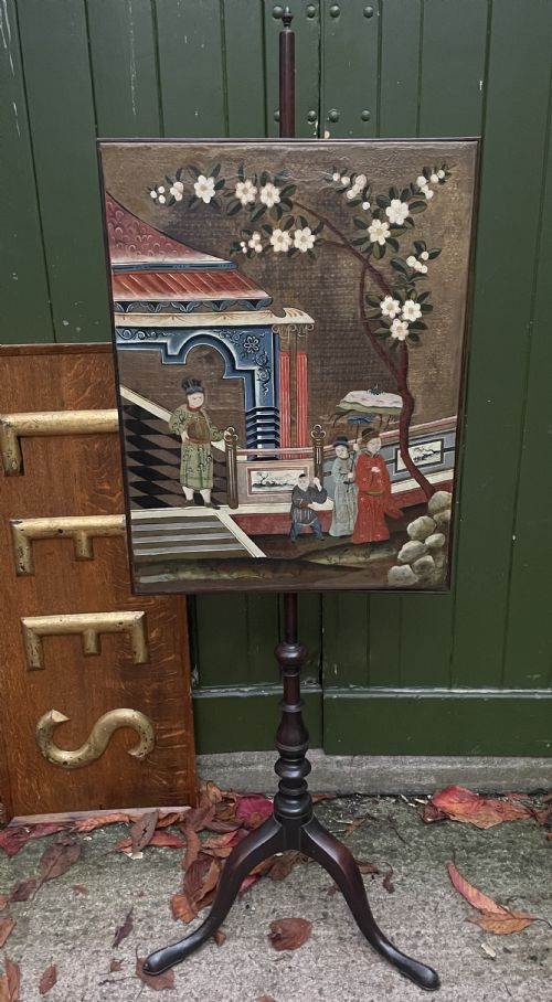 C18TH MAHOGANY POLESCREEN MOUNTED WITH A RECTANGULAR CHINESE PAINTED OIL ON CANVAS PANEL - ADDITIONAL PHOTO 9