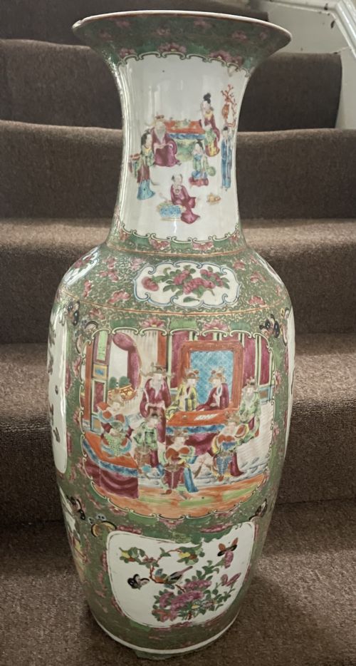 Tall Late C19th Chinese Qing Dynasty Cantonese Porcelain Vase Decorated in Traditional ‘Famille Rose’ Palette.