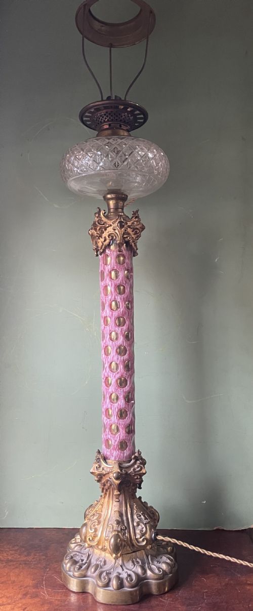 Impressively-scaled Bold Mid C19th Ormolu-mounted Cut ‘Overlay’ Glass Column Lamp of Flamboyant Design and Colour.