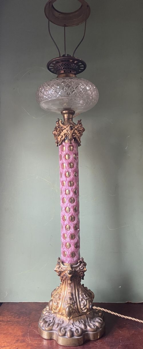 fig 1. Impressively-scaled bold mid C19th ormolu-mounted cut ‘overlay’ glass column lamp of flamboyant design and colour.