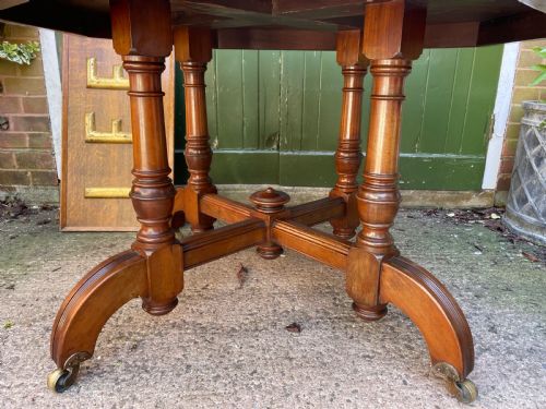 LATE C19TH OCTAGONAL WALNUT REFORMED GOTHIC STYLE WALNUT CENTRE OR LIBRARY TABLE RETAINING THE ORIGINAL TOOLED MOROCCAN LEATHER INSET TOP - ADDITIONAL PHOTO 3
