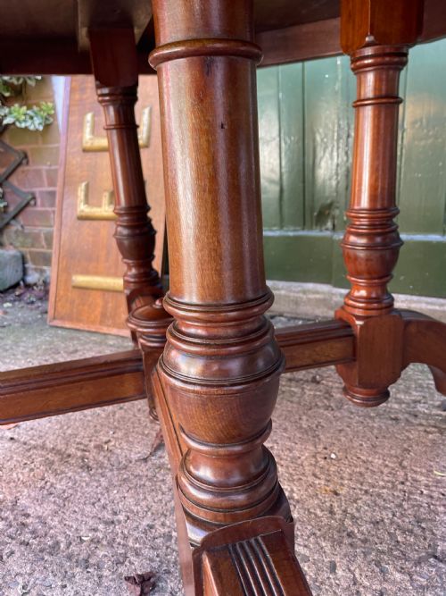 LATE C19TH OCTAGONAL WALNUT REFORMED GOTHIC STYLE WALNUT CENTRE OR LIBRARY TABLE RETAINING THE ORIGINAL TOOLED MOROCCAN LEATHER INSET TOP - ADDITIONAL PHOTO 8