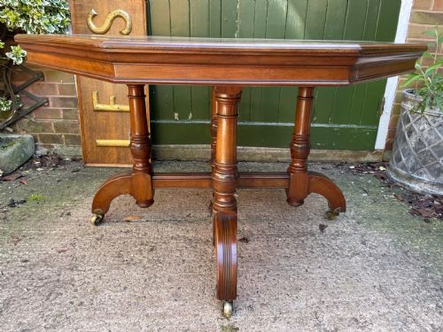 LATE C19TH OCTAGONAL WALNUT REFORMED GOTHIC STYLE WALNUT CENTRE OR LIBRARY TABLE RETAINING THE ORIGINAL TOOLED MOROCCAN LEATHER INSET TOP - ADDITIONAL PHOTO 17