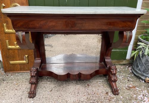 EARLY C19TH FRENCH CHARLES X RESTAURATION PERIOD MAHOGANY CONSOLE TABLE WITH A CARRARA MARBLE TOP