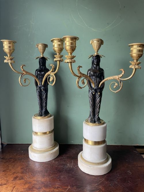 fig 1. Fine quality pair of early C19th Empire style bronze and ormolu bronze candelabras .
