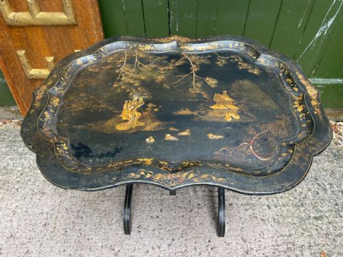 C19TH CHINOISERIE DESIGN LACQUERED PAPIERMCH TRAY TABLE - ADDITIONAL PHOTO 7