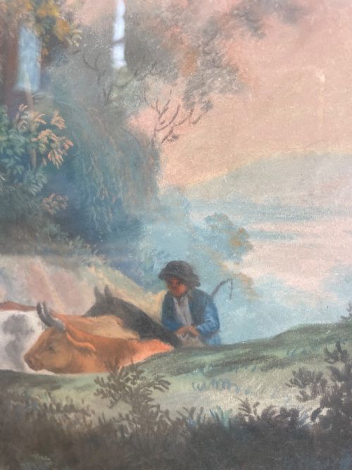 fig 1. Pair of finely executed large early C19th pastel paintings depicting bucolic pastoral country landscapes in original giltwood frames in the manner of Peter Le Cave .