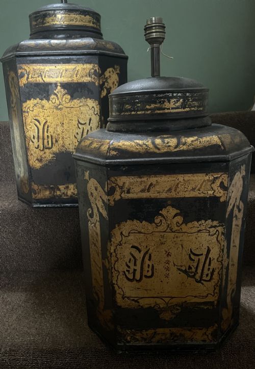 Pair of Decorative Mid C19th Black and Gilt Japanned Tin Tea-canister Lamp Bases with Chinese Style Gilded Decoration .