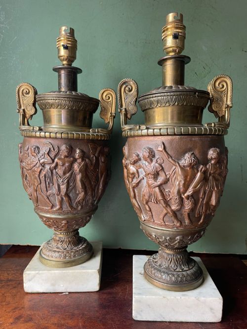 Pair of Late C19th Gilded and Patinated Brass Table Lamps Modelled in the ‘Grand Tour’ Taste in the Form of Ancient Classical Volute Krater Vases .