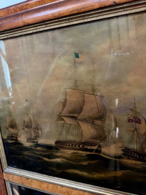 INTERESTING AND RARE EARLY C19TH MAPLEFRAMED DIVIDED 2SECTION MIRROR WITH A REVERSE GLASS PRINT ABOVE DEPICTING AN AMERICAN AND BRITISH NAVAL ENGAGEMENT - ADDITIONAL PHOTO 10