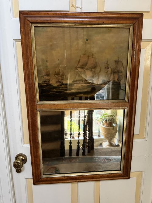 INTERESTING AND RARE EARLY C19TH MAPLEFRAMED DIVIDED 2SECTION MIRROR WITH A REVERSE GLASS PRINT ABOVE DEPICTING AN AMERICAN AND BRITISH NAVAL ENGAGEMENT - ADDITIONAL PHOTO 14