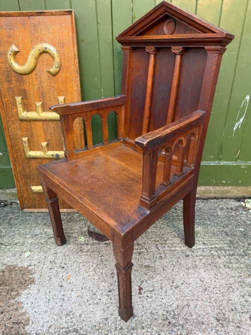 fig 1. Interesting mid C19th oak armchair with an architectural ‘Palladian’ style classical back back .