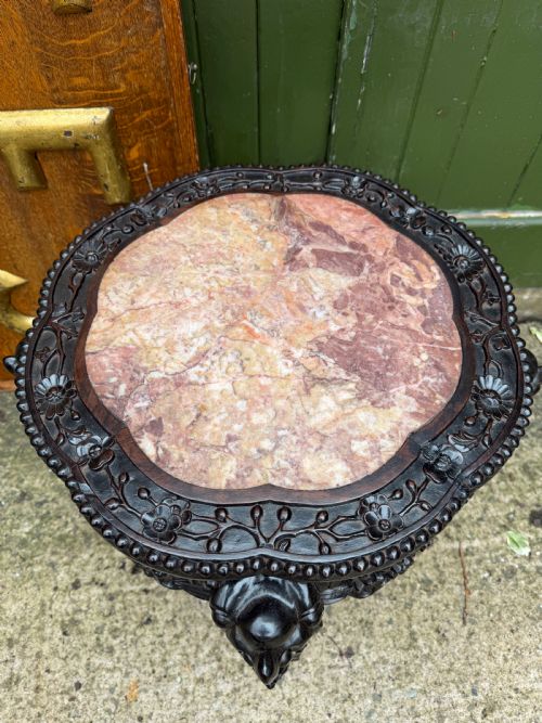 LATE C19TH CHINESE QING DYNASTY CARVED HARDWOOD HONGMU LOW JARDINIERE STAND OR OCCASIONAL TABLE WITH INSET VARIEGATED ROUGE MARBLE TOP - ADDITIONAL PHOTO 7