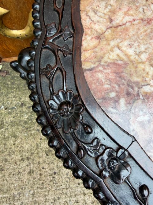 LATE C19TH CHINESE QING DYNASTY CARVED HARDWOOD HONGMU LOW JARDINIERE STAND OR OCCASIONAL TABLE WITH INSET VARIEGATED ROUGE MARBLE TOP - ADDITIONAL PHOTO 8