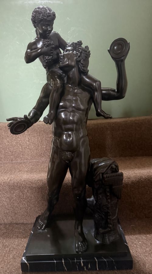 Large Late C19th / Early C20th Italian ‘Grand Tour ‘ Souvenir Bronze Study , After the Antique, of a Faun and the Infant Bacchus.