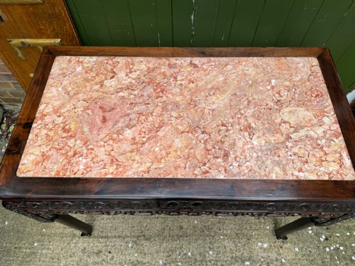 LATE C19TH CHINESE QING DYNASTY CARVED HARDWOOD RECTANGULAR CENTRE TABLE WITH INSET ROUGE MARBLE PANEL TOP - ADDITIONAL PHOTO 1