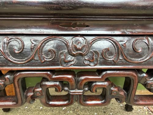 LATE C19TH CHINESE QING DYNASTY CARVED HARDWOOD RECTANGULAR CENTRE TABLE WITH INSET ROUGE MARBLE PANEL TOP - ADDITIONAL PHOTO 5