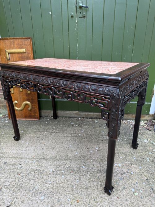 LATE C19TH CHINESE QING DYNASTY CARVED HARDWOOD RECTANGULAR CENTRE TABLE WITH INSET ROUGE MARBLE PANEL TOP - ADDITIONAL PHOTO 12