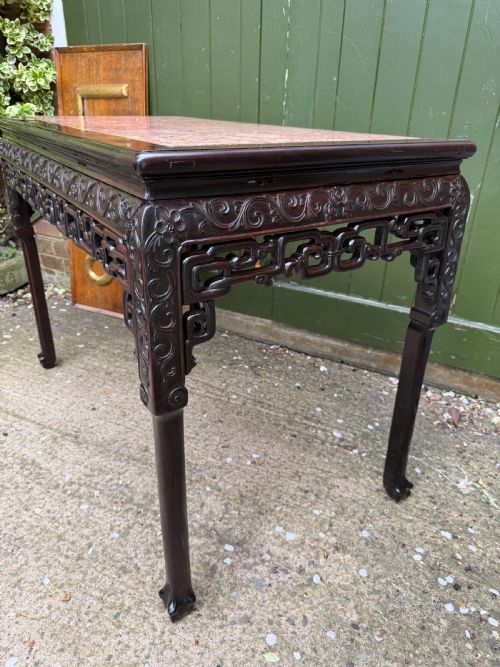 LATE C19TH CHINESE QING DYNASTY CARVED HARDWOOD RECTANGULAR CENTRE TABLE WITH INSET ROUGE MARBLE PANEL TOP - ADDITIONAL PHOTO 13