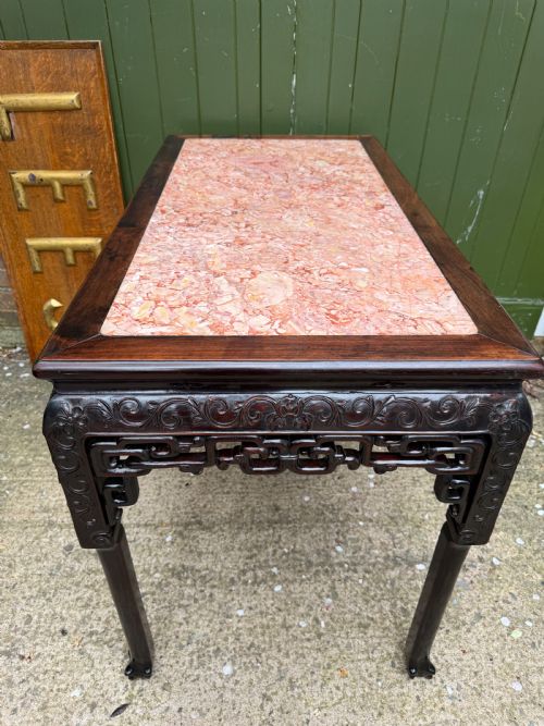 LATE C19TH CHINESE QING DYNASTY CARVED HARDWOOD RECTANGULAR CENTRE TABLE WITH INSET ROUGE MARBLE PANEL TOP - ADDITIONAL PHOTO 17