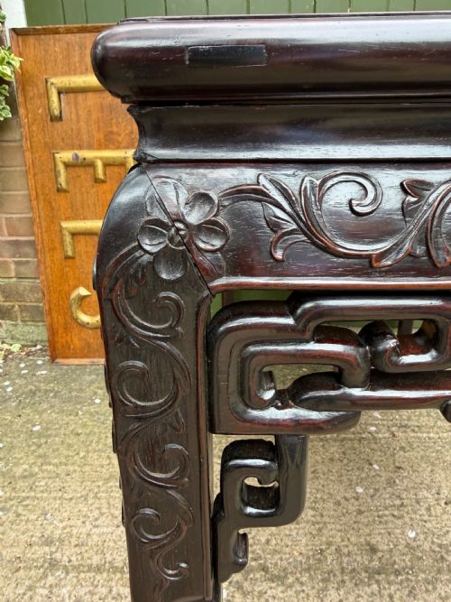 LATE C19TH CHINESE QING DYNASTY CARVED HARDWOOD RECTANGULAR CENTRE TABLE WITH INSET ROUGE MARBLE PANEL TOP - ADDITIONAL PHOTO 21