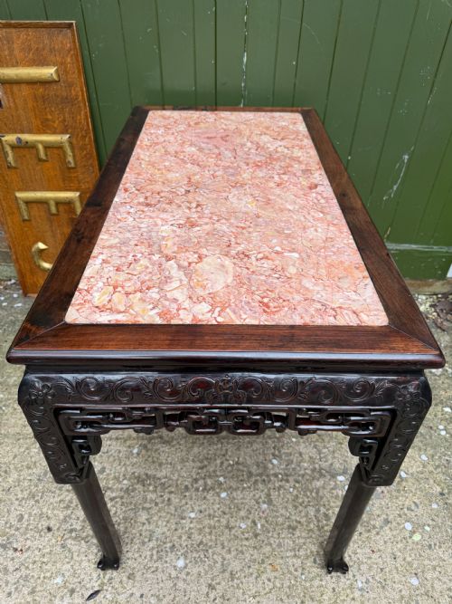 LATE C19TH CHINESE QING DYNASTY CARVED HARDWOOD RECTANGULAR CENTRE TABLE WITH INSET ROUGE MARBLE PANEL TOP - ADDITIONAL PHOTO 24