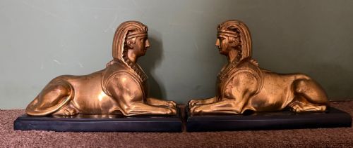 PAIR OF EARLY C19TH GILDED BRONZE STUDIES OF RECUMBENT SPHINXES ON RECTANGULAR PATINATED BRONZE PLINTH BASES - ADDITIONAL PHOTO 22