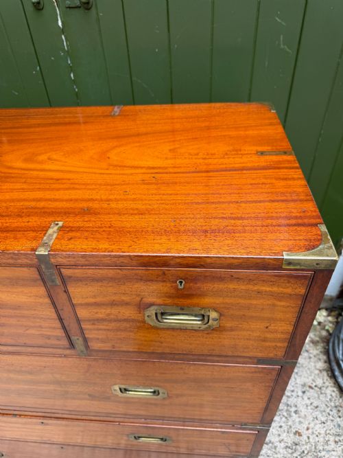 MID C19TH BRASSBOUND MAHOGANY OFFICERS MILITARY CAMPAIGN 2PART CHEST OF DRAWERS - ADDITIONAL PHOTO 6