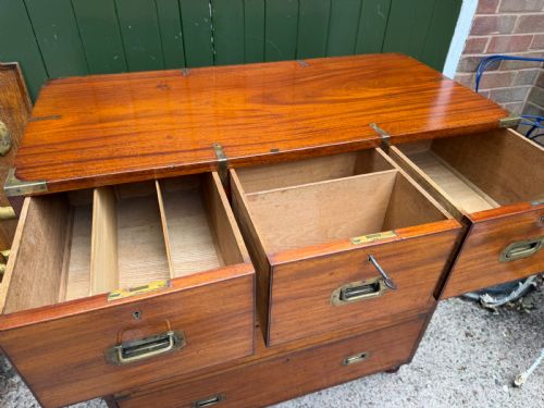 MID C19TH BRASSBOUND MAHOGANY OFFICERS MILITARY CAMPAIGN 2PART CHEST OF DRAWERS - ADDITIONAL PHOTO 7