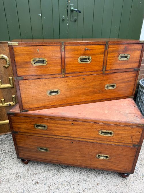 MID C19TH BRASSBOUND MAHOGANY OFFICERS MILITARY CAMPAIGN 2PART CHEST OF DRAWERS - ADDITIONAL PHOTO 17