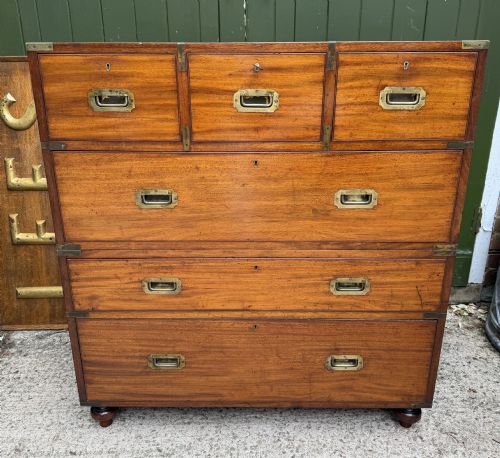 MID C19TH BRASSBOUND MAHOGANY OFFICERS MILITARY CAMPAIGN 2PART CHEST OF DRAWERS - ADDITIONAL PHOTO 2