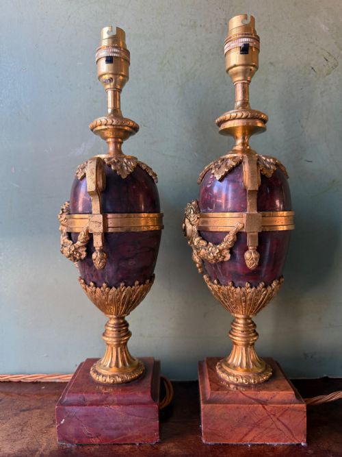 PAIR OF LATE C19TH FRENCH ORMOLUMOUNTED ROUGE MARBLE LAMPS IN THE C18TH LOUIS XVI PERIOD STYLE - ADDITIONAL PHOTO 2