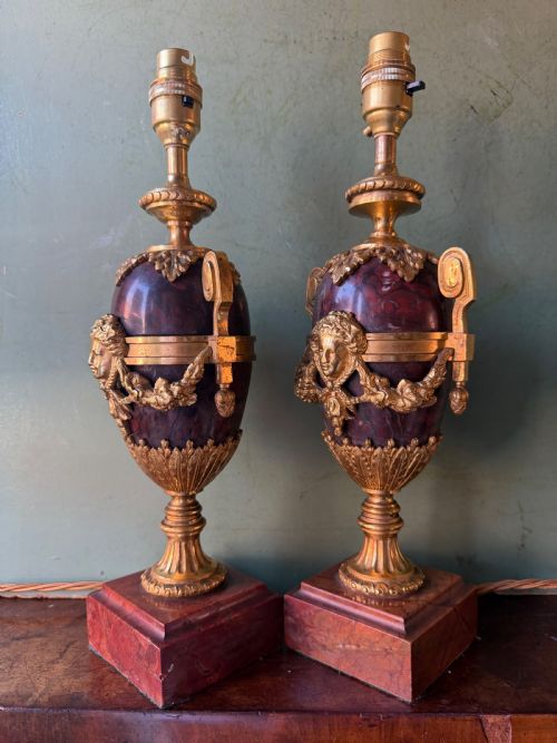 PAIR OF LATE C19TH FRENCH ORMOLUMOUNTED ROUGE MARBLE LAMPS IN THE C18TH LOUIS XVI PERIOD STYLE - ADDITIONAL PHOTO 3