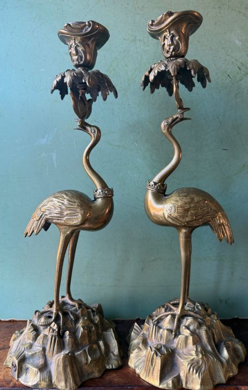 Pair of Early C19th William IV Period Gilt Bronze Candlesticks in the Form of Heraldic Cranes by Thomas Abbott of Birmingham.