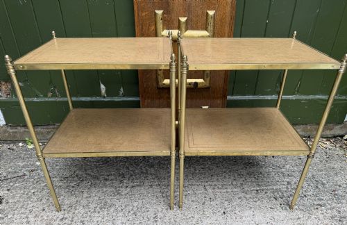 CHIC PAIR OF EARLY C20TH LACQUERED BRASSFRAMED ETAGERES WITH INSET TOOLED PANEL LEATHER SHELVES - ADDITIONAL PHOTO 21