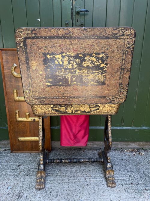 MID C19TH CHINESE EXPORT LACQUER SEWING OR LADIES WORKTABLE WITH GILDED DECORATION - ADDITIONAL PHOTO 12