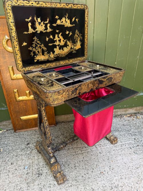 MID C19TH CHINESE EXPORT LACQUER SEWING OR LADIES WORKTABLE WITH GILDED DECORATION - ADDITIONAL PHOTO 20