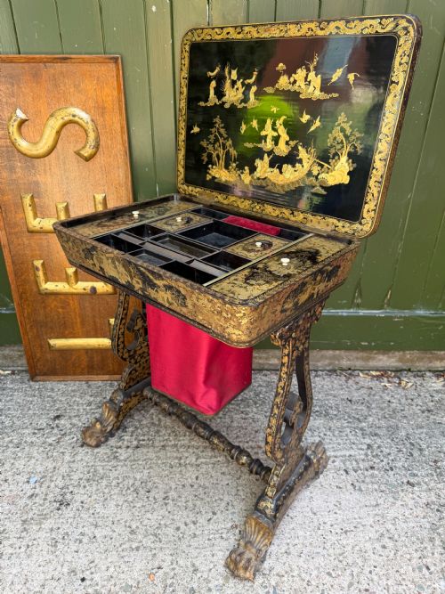 MID C19TH CHINESE EXPORT LACQUER SEWING OR LADIES WORKTABLE WITH GILDED DECORATION - ADDITIONAL PHOTO 23