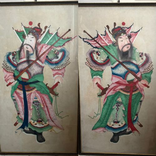 Large Pair of  Mid C19th Finely-painted Chinese Watercolours Depicting Menshen or Door Gods .